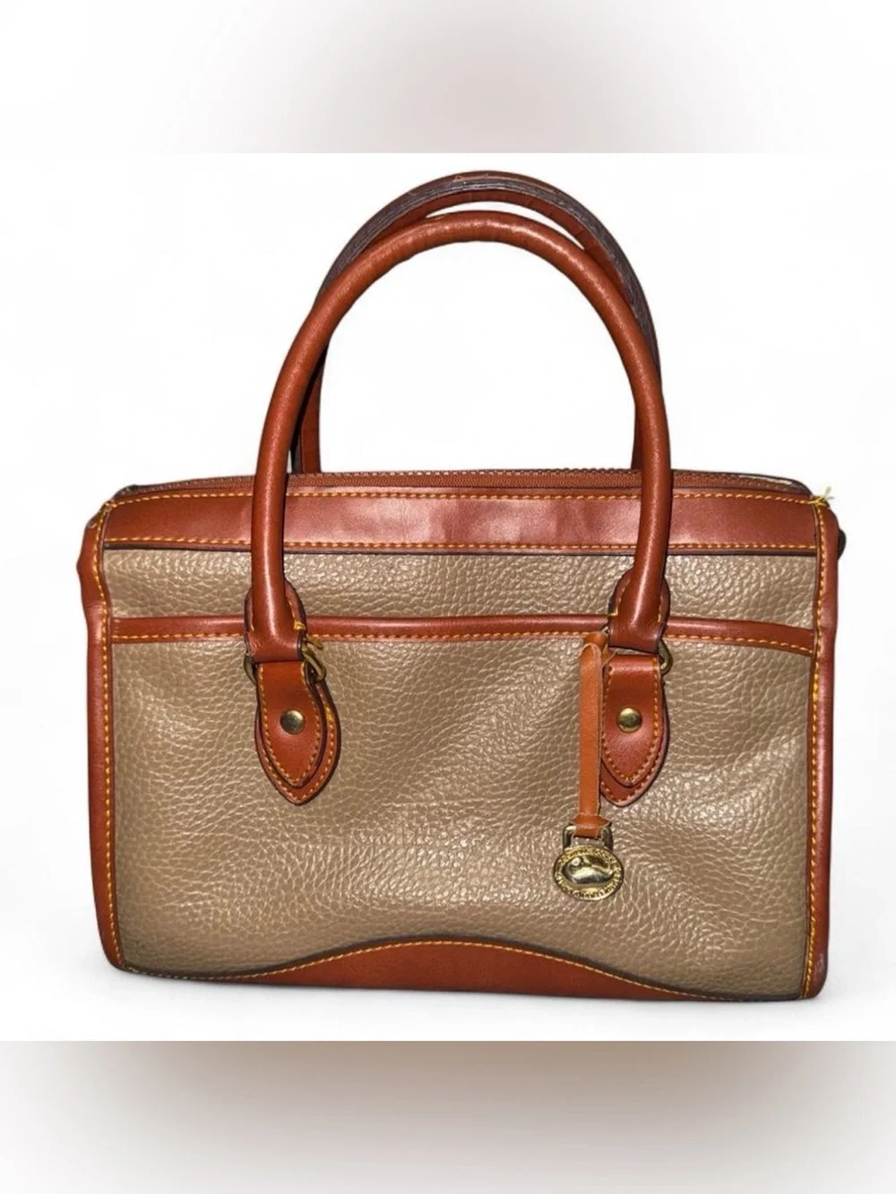 Classic Two-Tone Leather Dooney & Bourke Satchel in Taupe and Brown